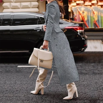 Длинное шерстяное пальто с отворотом Осень-зима, модное Темпераментное уличное женское пальто, повседневные двубортные офисные куртки для поездок на работу