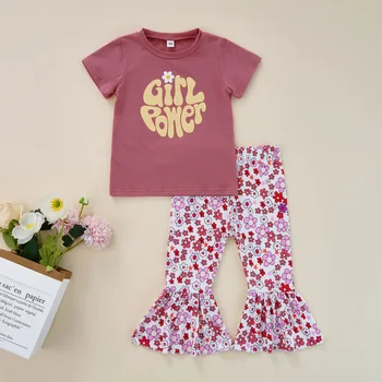 Комплект одежды для мамы и ребенка от 1 до 6 лет для маленьких девочек, футболка с короткими рукавами и надписью, расклешенные брюки, наряды, костюм D01