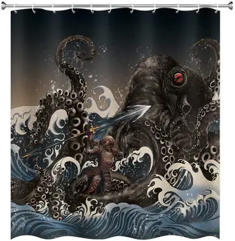 Занавеска для душа с осьминогом и Кракеном, Хищник, сражающийся щупальцами осьминога в океанских волнах