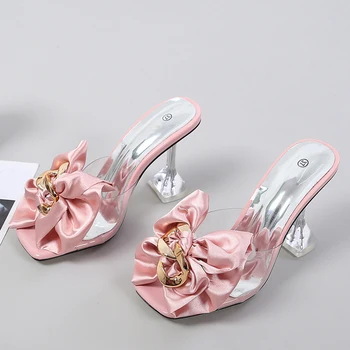 Женские прозрачные тапочки, летние модные дизайнерские босоножки с розовым бантом, прозрачная женская обувь на высоком каблуке, размер