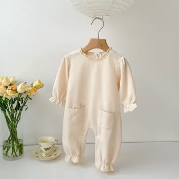 Комбинезон для новорожденных из вафельного хлопка с длинными рукавами Для маленьких девочек, однотонное кружево с двумя карманами, одежда для ползания
