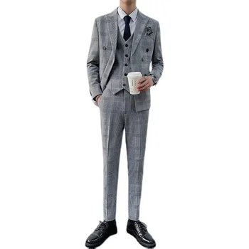 2022 Куртка + жилет + брюки Красивый двубортный костюм в клетку, мужской костюм-тройка, деловой повседневный костюм