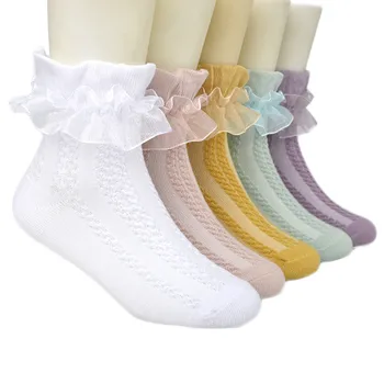 Новые носки для маленьких девочек, детские кружевные носки-пачки с оборками для девочек, Хлопковые Носки принцессы для танцев, Однотонные носки до щиколотки с цветами и оборками,