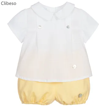 Испанский комплект одежды для маленьких мальчиков 2023 Летние Детские наряды для крещения, одежда для Дня рождения, костюм для малышей, Белая рубашка, Желтые шорты