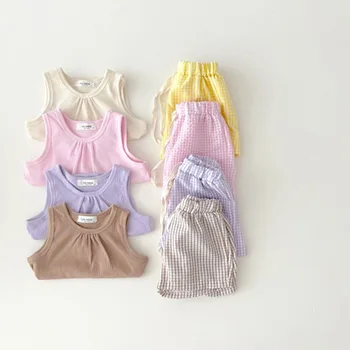 Комплекты одежды для маленьких девочек и мальчиков Жилет + Короткая Летняя одежда для малышей Комплект одежды для маленьких мальчиков