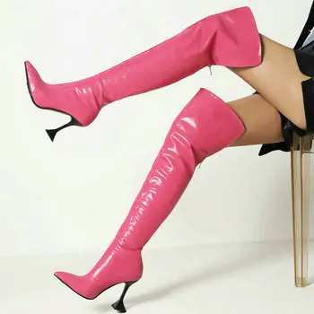 2021 Женские ботфорты выше колена, Пикантные женские ботфорты на тонком высоком каблуке с острым носком, женские ботфорты из искусственной кожи, молния сзади, Большой размер