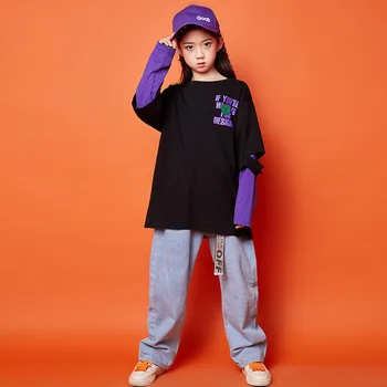 Детская одежда в стиле хип-хоп, черная фиолетовая свитшот, мешковатые джинсы, уличная одежда для мальчиков и девочек, летний спортивный костюм, танцевальный костюм для подростков
