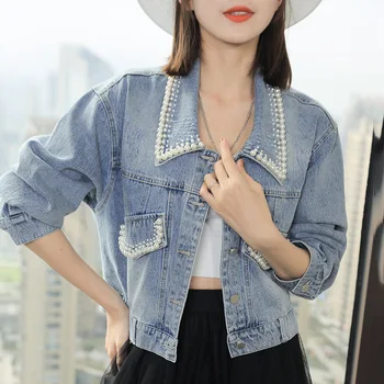 Весенне-летнее пальто, Корейская джинсовая куртка, Женская мода, Свободная жемчужная куртка с короткими рукавами, Женские джинсовые пальто