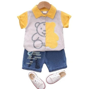 Комплекты одежды для маленьких мальчиков, Повседневная рубашка с воротником-стойкой и медвежьими шортами, Джинсовые Шорты, 2 предмета, Одежда для маленьких мальчиков 1-4 лет