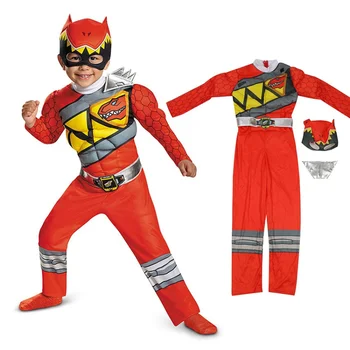 Команда динозавров Red Power Dino Charge Ranger, комбинезоны супергероев, костюмы для косплея, костюм на Хэллоуин для детей, детские головные уборы