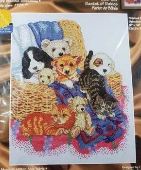 Кошки и собаки в корзине 36-41 Вышивка крестиком Экологическими хлопчатобумажными нитками, украшение для дома, Подвесная картина