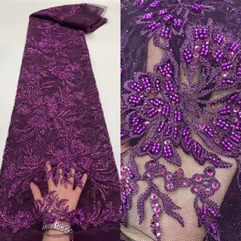 Блестки Африканская кружевная ткань S-122981 Высококачественные бусины Нигерийская свадьба Свадебная вышивка Тюль Кружевная ткань для платья