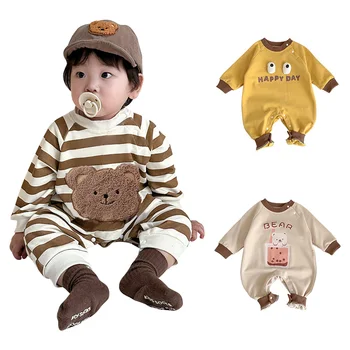 Комбинезон для новорожденных, комбинезон с круглым вырезом и длинными рукавами для девочек и мальчиков, боди с рисунком медведя из мультфильма, весенне-осенняя одежда для малышей