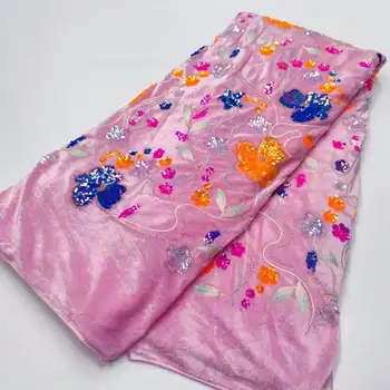 Бархатная кружевная ткань с розовыми блестками и камнем 2023, высококачественная 5 ярдов Нигерийская тюлевая сетчатая ткань для пошива вечерних платьев