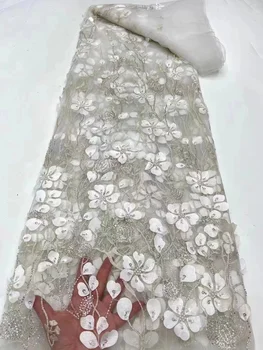 Белые африканские кружевные ткани Блестящие пайетки Бусины Французский тюль Сетка Вышивка Оптом 3D Кружевная ткань для свадебного платья