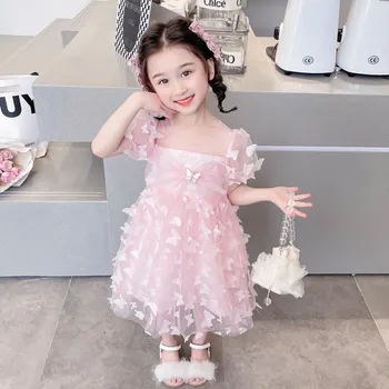 Детское кружевное платье с бабочкой для детей, бутик для малышей, костюм принцессы, платье на День рождения, Милая Детская модная одежда
