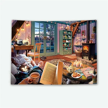Европейское окно с принтом в стиле ретро, пейзаж, Гобелен, Фон для кабинета, Книжная полка, Повседневная жизнь, Прикроватный декор