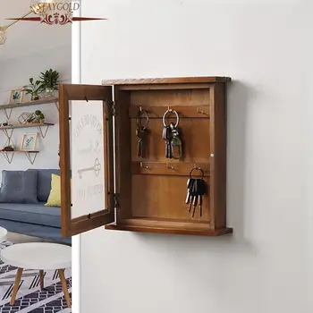 Шкаф для ключей в пасторальном стиле, деревянный ящик для ключей, настенная декоративная стойка для ключей с 6 крючками для домашнего офиса 21x6x25 см.