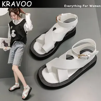 KRAVOO, 2023 Летние Новые Сандалии, женские пляжные сандалии из натуральной кожи с заклепками, женские римские однотонные туфли, модные сандалии-маффины