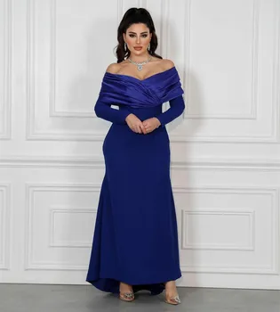 Классические длинные вечерние платья из атласа с открытыми плечами, облегающее платье королевского синего цвета в складку, вечерние платья длиной до щиколоток для женщин