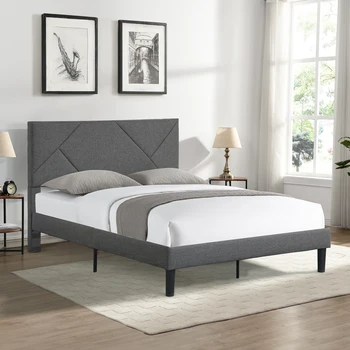 Полноразмерный каркас кровати-платформы с мягкой обивкой и изголовьем, прочная деревянная планка, основа матраса, легкая сборка, серый [US-W]