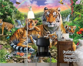beibehang Современные трехмерные обои papel de parede 3d тропический лес животное тигр растение лес водопад бабочка фреска