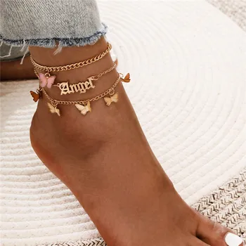 Новый набор ножных браслетов с розовой бабочкой для женщин Милая цепочка с буквами Ангела Ножной браслет Браслет на лодыжке Летние пляжные украшения