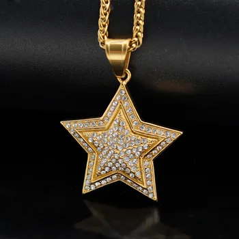 ожерелье с подвеской в виде пятиконечной звезды из горного хрусталя из нержавеющей стали 316L Золотого цвета Для мужчин и женщин в стиле хип-хоп