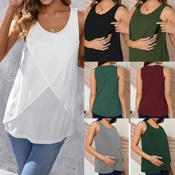 Женская футболка для беременных и кормящих, летняя однотонная жилетка без рукавов с круглым вырезом, топы для кормящих, одежда для беременных