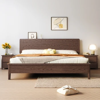 Скандинавская кровать из массива дерева, бревно из ясеня, современная простая главная спальня с двуспальной кроватью, большая свадебная кровать, маленькая семейная спальня с односпальной кроватью