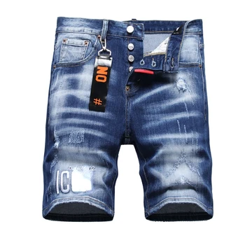 Джинсовые шорты Мужские Летние Короткие джинсы с дырками Облегающие Рваные брюки с вышивкой в стиле хип-хоп, потертая уличная одежда, брюки до колен