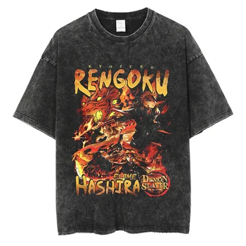 Demon Slayer промытая футболка Мужская Kimetsu No Футболка оверсайз женские футболки Летние Винтажные хлопковые футболки с коротким рукавом camiseta