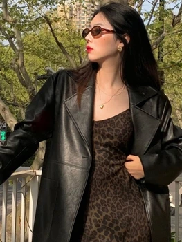 Корейская модная Черная кожаная куртка, Женская верхняя одежда для хай-стрит, Теплое свободное мотоциклетное пальто, Женская Зимняя уличная байкерская куртка 2023