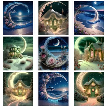 5D Diy Алмазная живопись Луна Приморский пейзаж, Полная мозаика из стразов, Наборы для вышивки крестом, домашний декор, Детский подарок ручной работы