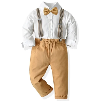 Весенняя Детская одежда из 4 предметов, Корейская детская одежда, Повседневная мода, футболка с галстуком для джентльмена + брюки + бретельки, комплекты для мальчиков для малышей, наряд BC2386