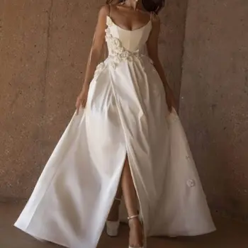 Элегантные свадебные платья с цветочной аппликацией ручной работы 3D, сексуальные объемные бретельки-спагетти, свадебные платья с застежкой-молнией SWD933