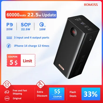 ROMOSS PEA60 Мощный Power Bank 60000mAh 22,5 Вт SCP PD QC 3,0 Быстрая Зарядка Внешнего Аккумулятора Портативный Powerbank Для Xiaomi iPhone