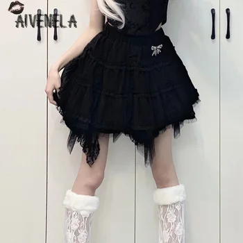 Юбка для девочек в стиле Харадзюку в стиле панк, женская юбка Y2K, готические кружевные мини-юбки для торта с высокой талией, AFC1909