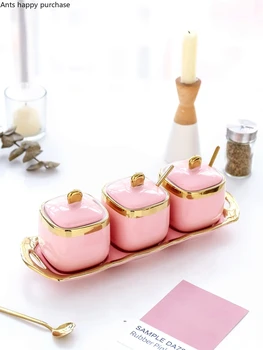 Скандинавская светло-розовая керамика с золотым ободком, Сахарница, солонка, емкость для приправ, Кастрюля для приправ, костюм-тройка, керамическая банка