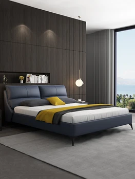 Легкая роскошная кожаная кровать двуспальная основная кровать синего цвета простая современная кровать с углублением 1,8 м, минималистичная кровать с высокими ножками