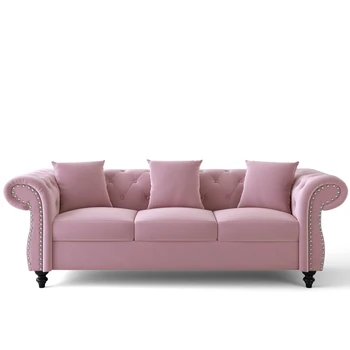 80-Дюймовый диван Chesterfield, обитый тафтинговым бархатом, 3-местный диван с закрученными подлокотниками с украшением в виде гвоздей, 3 подушки в комплекте