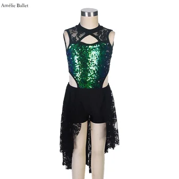 18006 Новый Зеленый Лиф с блестками и черным кружевом, Лирический и современный танцевальный костюм Для женщин и девочек, Балетный костюм, танцевальное платье