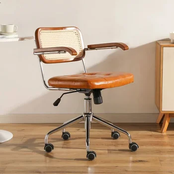 Компьютерный стул из японского ротанга, вращающийся стул в стиле ретро, Удобное сиденье рабочего стола, Дышащий подлокотник, стул из ротанга, Офисная мебель