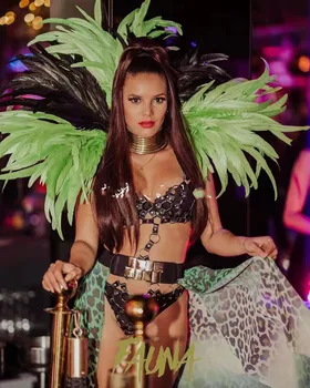 Костюм бармена для выступлений, зеленая майка с перьями, юбка с леопардовым принтом, костюм танцевальной команды, сексуальные женские костюмы