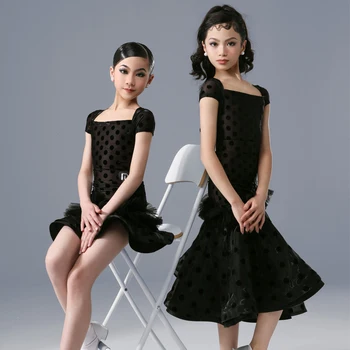 Летнее платье для латиноамериканских танцев, черное платье для девочек с короткими рукавами, современное танцевальное платье, Детские костюмы для соревнований по бальным танцам SL8381