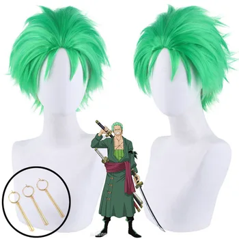 Аниме ONE PIECE Зачесанный назад зеленый парик Короткий Слой Roronoa Zoro Comic Косплей Парики