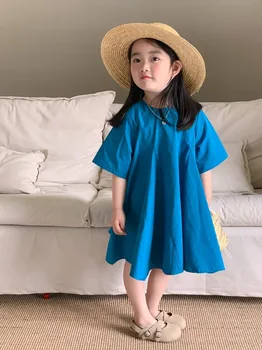 Детская одежда Повседневное платье для девочек в корейском стиле 2023 Модное Новое летнее хлопковое однотонное синее простое платье для девочек