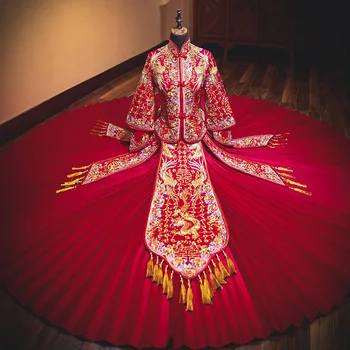 FZSLCYIYI Изысканное Китайское Женское Свадебное Платье Ципао с Вышивкой Феникса и Дракона, Красный Классический Чонсам, Благородное Платье С Кисточками