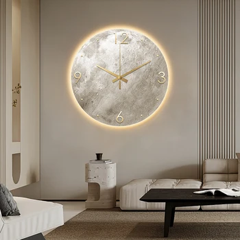Современные минималистичные настенные часы, часы для гостиной, Картина из лунного песчаника, Идеи для дома, ресторана, Светодиодная подсветка для украшения стен