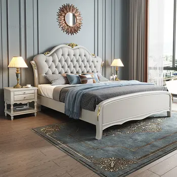 Каркас кровати из американского массива дерева, мебель для спальни, современная Светлая Роскошная Кожаная двуспальная кровать 1,8 м, Прикроватная тумбочка для главной спальни, кровать Принцессы